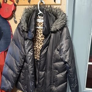 Calvin Klein Charcoal Puffer Jacket with Faux Fur Trim